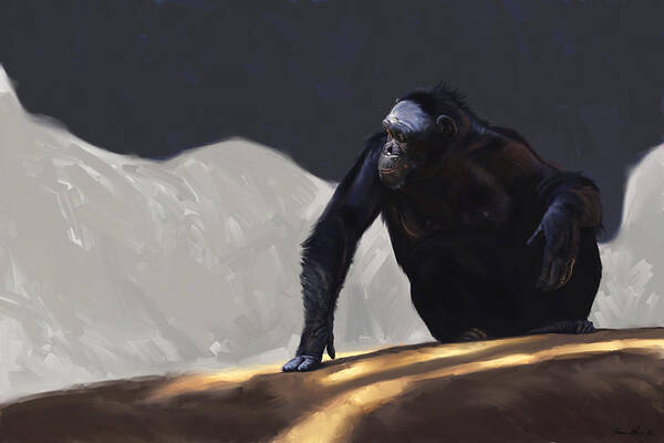 Chimp Poster featuring the digital art Chimp Contemplation by Aaron Blaise