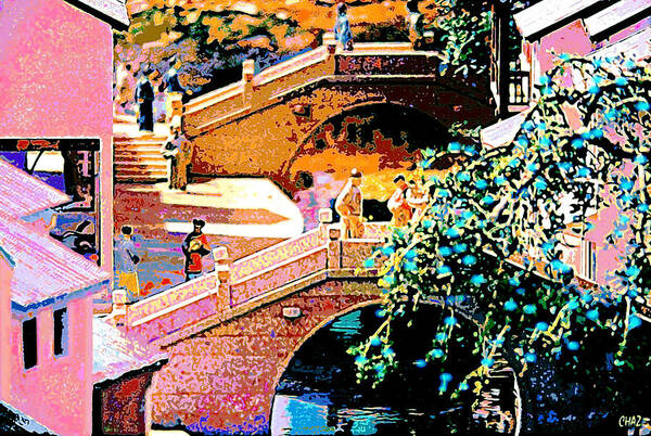 Chinese Poster featuring the painting Chinese Village bridges by CHAZ Daugherty