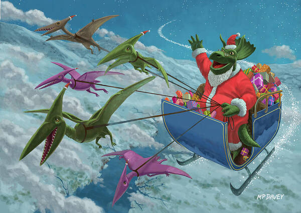 Christmas Poster featuring the painting Christmas Dinosaur Santa ride by Martin Davey