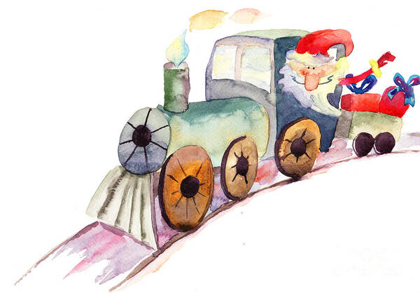 Red Poster featuring the painting Christmas train with Santa Claus by Regina Jershova
