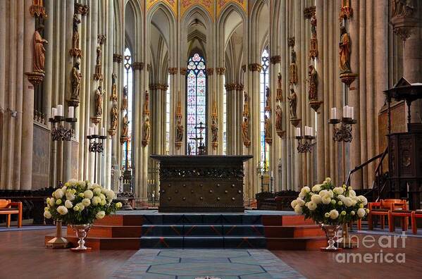 Cologne Poster featuring the photograph Church altar platform glass art Cologne Germany by Imran Ahmed