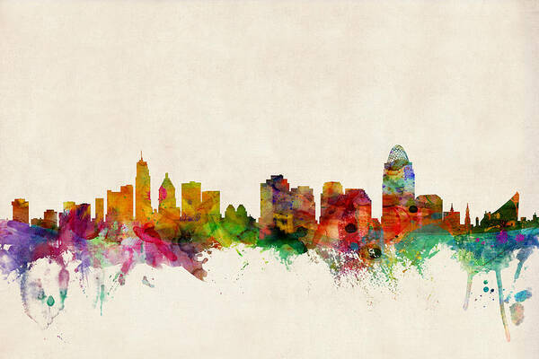 Watercolour Poster featuring the digital art Cincinnati Ohio Skyline by Michael Tompsett