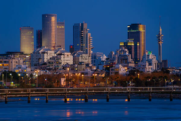 Kaballah Poster featuring the photograph city lights and blue hour at Tel Aviv by Ron Shoshani