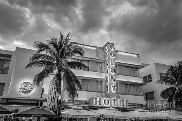 1920s Poster featuring the photograph Colony and Johnny Rockets Art Deco District SOBE Miami - Black and White by Ian Monk