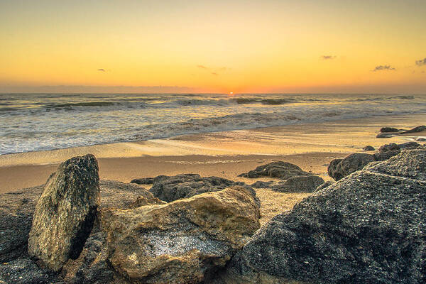 Sunrise Poster featuring the photograph Coquina Rocks Sunrise in New Smyrna Beach by Danny Mongosa