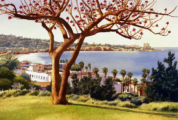 Coral Tree Poster featuring the painting Coral Tree with La Jolla Shores by Mary Helmreich