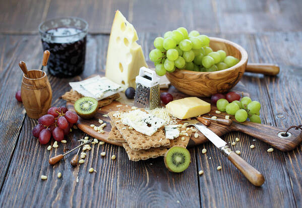 Breakfast Poster featuring the photograph Crackers With Cheese And Fruits by Julia Khusainova