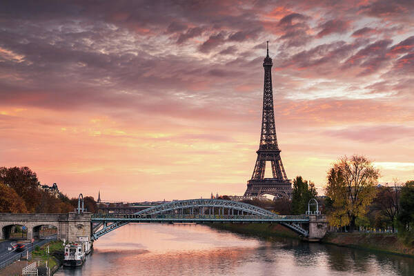 Dawn Poster featuring the photograph Dawn Over Eiffel Tower And Seine by Matteo Colombo