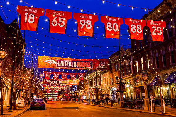 Blue Poster featuring the photograph Denver Larimer Square Blue Hour NFL United in Orange by Teri Virbickis