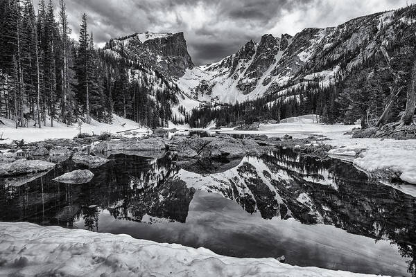 Rocky Mountain Poster featuring the photograph Dream Lake Morning Monochrome by Darren White