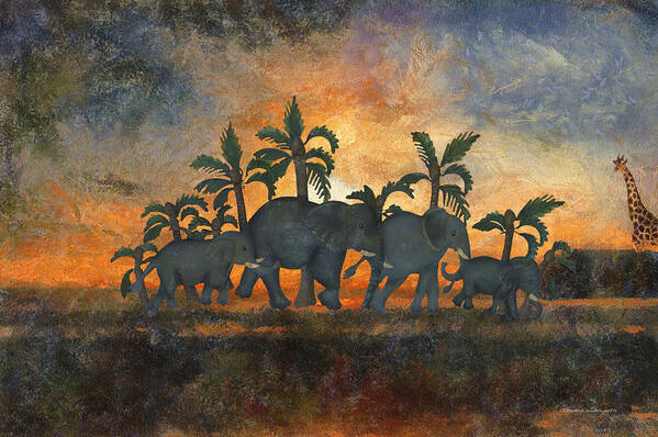 Elephant Poster featuring the mixed media Elephant Family At SunDown Textured by Thomas Woolworth