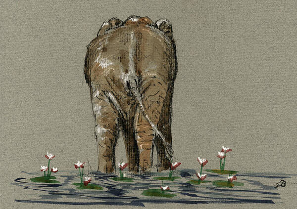 Water Poster featuring the painting Elephant with water lilies by Juan Bosco