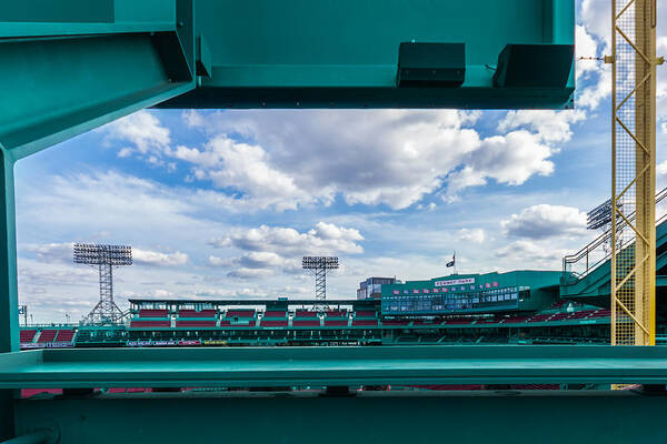 Baseball Red Sox Boston Fenway Park Green Monster Green Blue Yellow Foul Pole Fair Fisk Carlton Fisk Pole World Series Game 6 2013 1975 Clouds Sky Light Lights Yellow Green Blue Baseball Cardinals Win Championship Champion Sports Baseball Canvas Print Red Sox Boston History Historic Architecture Poster featuring the photograph Fenway Park from the Green Monster by Tom Gort