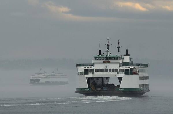 Ferries In The Fog Poster featuring the photograph Ferries Pass in the Fog by E Faithe Lester