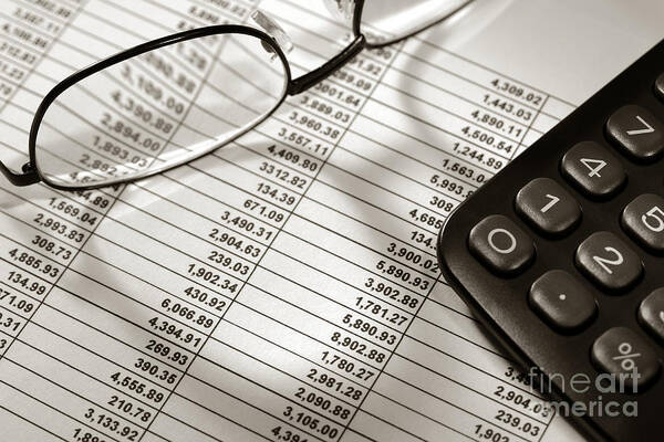 Account Poster featuring the photograph Financial Spreadsheet with Calculator and Glasses by Olivier Le Queinec
