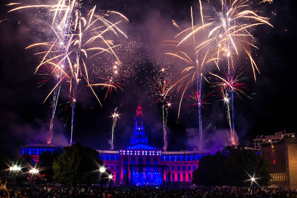 4th Poster featuring the photograph Fireworks Over Denver City and County Building by Teri Virbickis