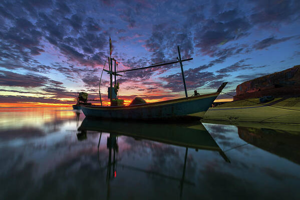 Dawn Poster featuring the photograph Fishing Boats And Beautiful Sky In The by Monthon Wa