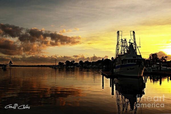 Water Poster featuring the photograph Fishing Trawler at Dawn. by Geoff Childs