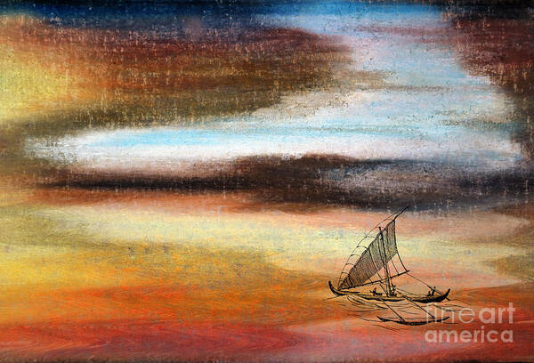 Proa Sailing Sail Hull Traditional Micronesian Vessel Outrigger Speed Small Perahu Boat Wind Ship Native Crew South Rig Pacific Flying Bow Water Voyage Stern Spar Sketch People Ocean Men Leeward Explore Cargo Yellow Winds Trader Seas Seafaring Sea Sailboat Red Prau Prahus Prahu Pirate Passenger Paraw Painting Navigation Nautical Natives Micronesia Melanesian Wax Pastel Line Drawing Digital Composite Maritime Marianas Malaysia Malay Kyllo Journey Indonesia Expedition Drua Craft Canoe Ancient Poster featuring the digital art Flying Proa by R Kyllo