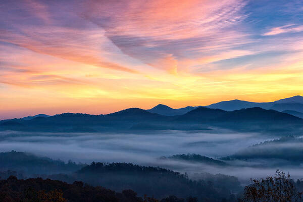 Beautiful Orange Sunrise Poster featuring the photograph Fog in the Valley by Victor Culpepper