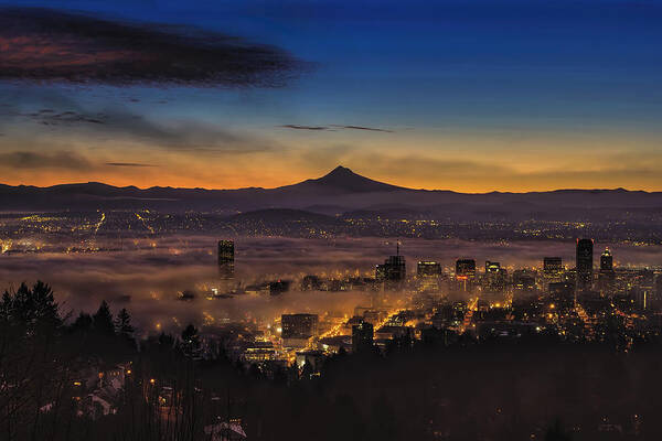 Dawn Poster featuring the photograph Fog Rolling in at Dawn over the city of Portland by David Gn