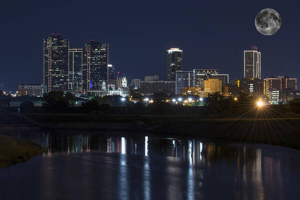 Fort Worth Skyline Poster featuring the photograph Fort Worth Skyline Super Moon by Jonathan Davison