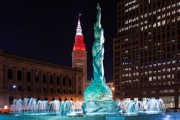 Cleveland Poster featuring the photograph Fountain and Terminal Tower in Red 2 by Clint Buhler