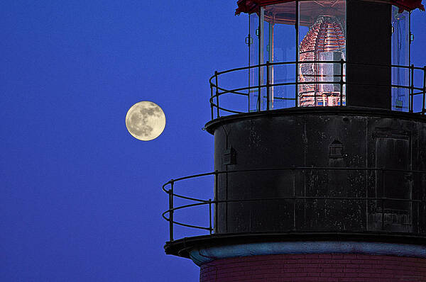 Full Moon And West Quoddy Head Lighthouse Beacon Poster featuring the photograph Full Moon and West Quoddy Head Lighthouse Beacon by Marty Saccone