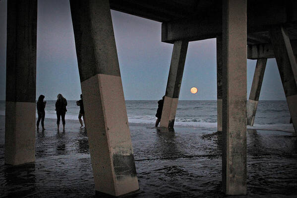 Full Moon Print Poster featuring the photograph Full Moon at Johnnie Mercer's Pier by Phil Mancuso