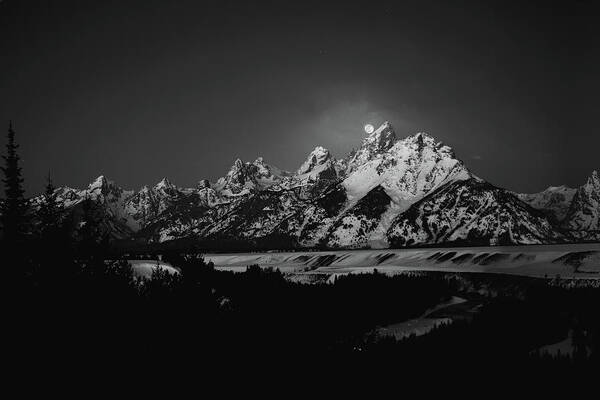 River Poster featuring the photograph Full Moon Sets In The Teton Mountain Range by Raymond Salani Iii