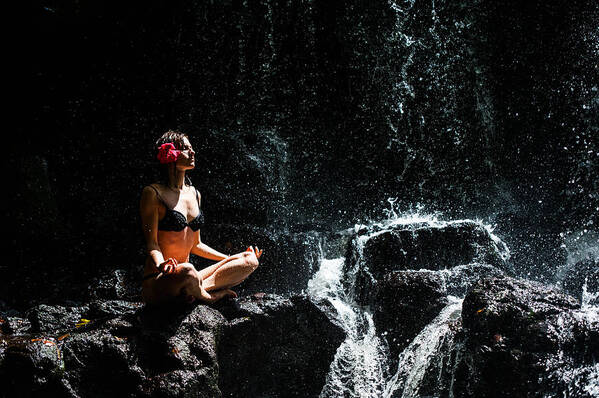 Mauritius Poster featuring the photograph Getting in Touch with Whole Universe. Anna at Eureka Waterfalls. Mauritius by Jenny Rainbow