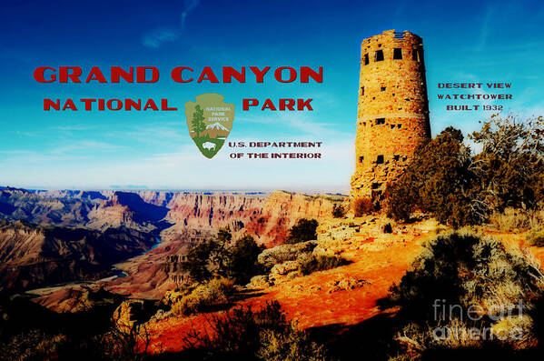 Travelpixpro Poster featuring the digital art Grand Canyon National Park Poster Desert View Watchtower Retro Future by Shawn O'Brien