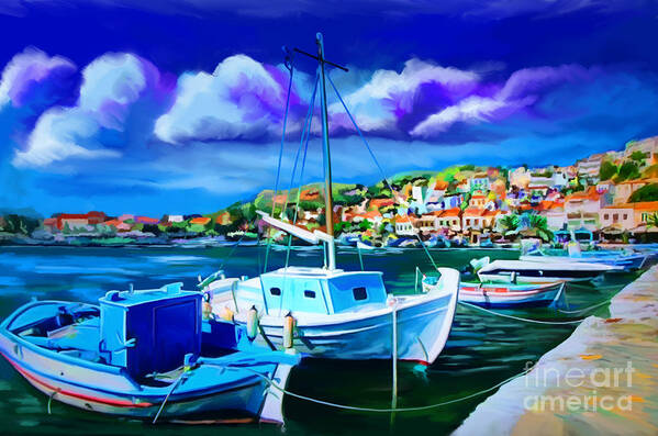 Boat Poster featuring the painting Greek Harbor by Tim Gilliland