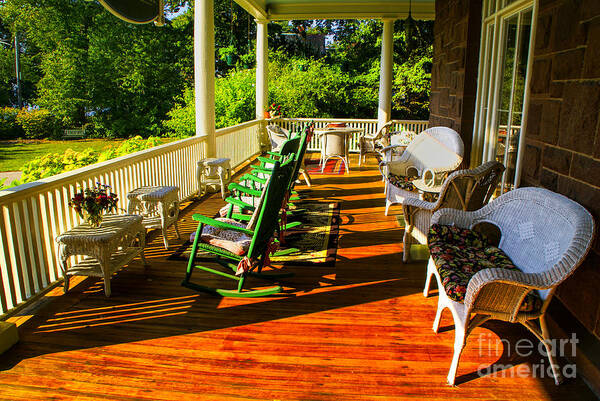 Rocking Chairs Newport Ri Porches Verandas Nostalgia Old Soft Days Poster featuring the photograph Green Rockers by Rick Bragan