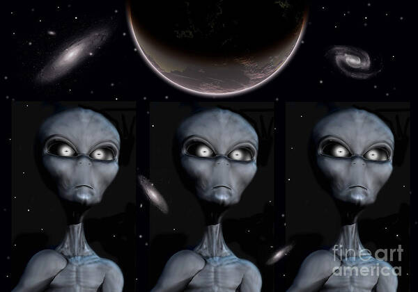 Horizontal Poster featuring the digital art Grey Alien Clones by Mark Stevenson