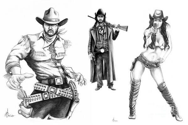 Drawing Poster featuring the drawing Gunslingers by Murphy Elliott