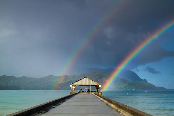 Rainbows Poster featuring the photograph Hanalei Pier and Double Rainbow by Roger Mullenhour