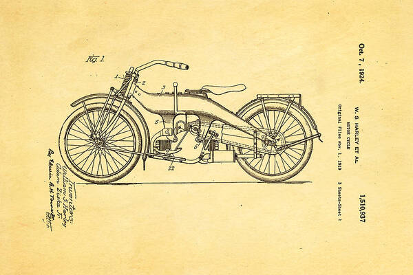 Famous Poster featuring the photograph Harley Davidson 1919 Twin Cylinder Model Patent Art by Ian Monk