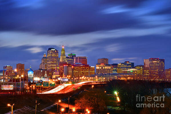 Hartford Skyline At Night Poster featuring the photograph Hartford Skyline at Night by Jon Holiday