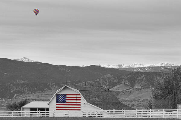 'hot Air Balloon' Poster featuring the photograph Hot Air Balloon Boulder Flag Barn and Eldora BWSC by James BO Insogna