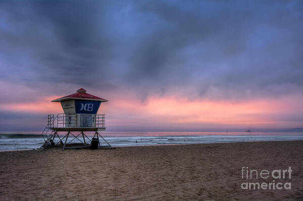Clouds Poster featuring the photograph Huntington Beach Lifeguard Tower by Eddie Yerkish
