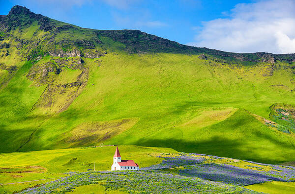 Vik Poster featuring the photograph Iceland mountain landscape with church in Vik by Matthias Hauser
