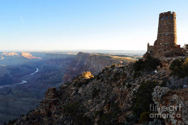 Travelpixpro Grand Canyon Poster featuring the photograph Iconic Desrt View Watchtower Overlooking Grand Canyon at Sunrise by Shawn O'Brien