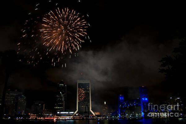 Jacksonville Poster featuring the photograph Jacksonville Skyline Fireworks by Ules Barnwell