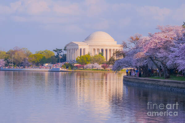 2012 Centennial Celebration Poster featuring the photograph Jefferson Memorial Across the Basin with Blossoms by Jeff at JSJ Photography