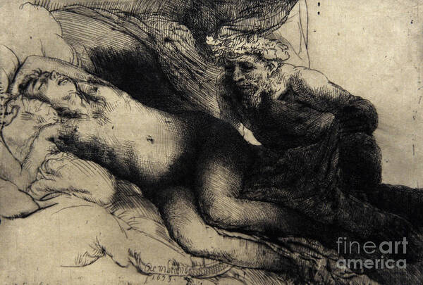 Rembrandt Poster featuring the drawing Jupiter And Antiope by Rembrandt