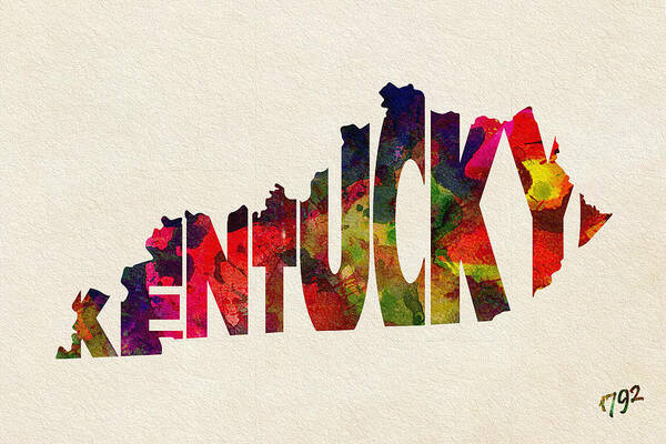 Kentucky Poster featuring the painting Kentucky Typographic Watercolor Map by Inspirowl Design