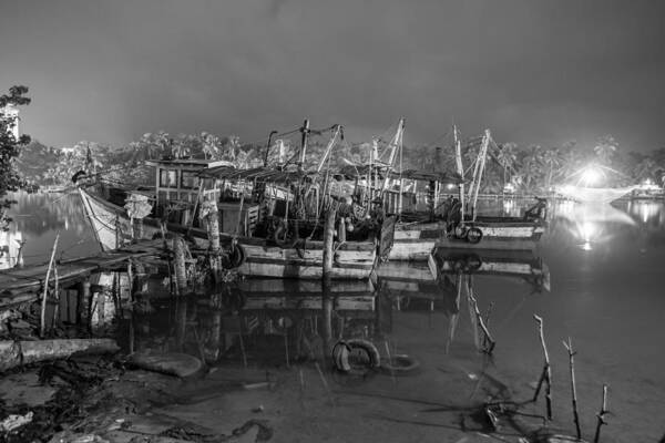 B&w Poster featuring the photograph Kerala Night Dock by Sonny Marcyan