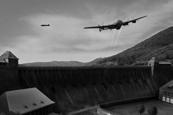 Dambusters Poster featuring the digital art L for Leather over the Eder Dam black and white version by Gary Eason