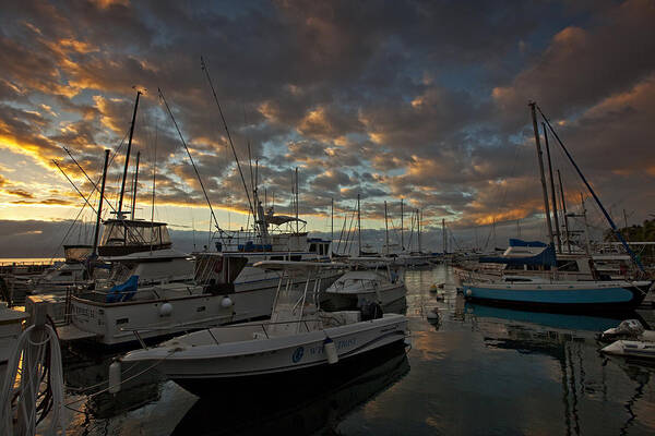 Lahaina Harbor Maui Hawaii Seascape Boats Clouds Poster featuring the photograph Lahaina's Last Light by James Roemmling